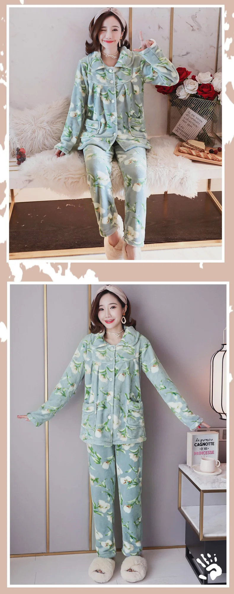 Пижама для женщин, зимняя плотная фланелевая розовая Женская пижама с принтом, милый комплект из двух предметов, домашняя одежда, корейская модная ночная одежда