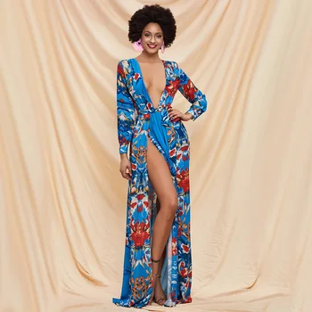 

Beach Holiday Print dress Deep V-neck Deep Slit Backless Sexy Women celebrity body con Long dresses wholesale