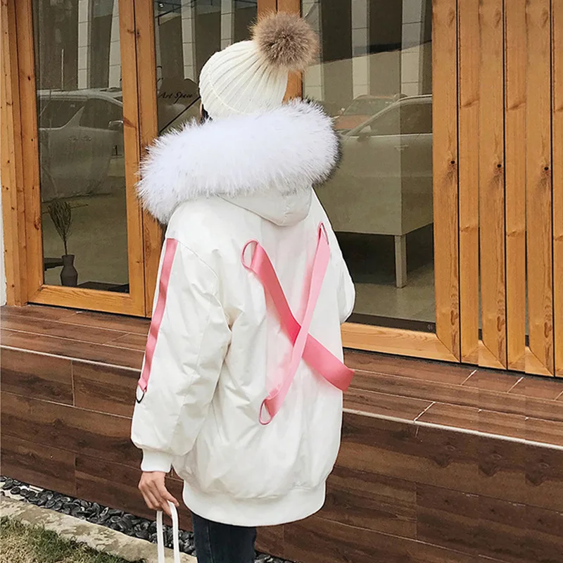 Зима, стиль, корейский стиль, тесьма, лента, контрастный цвет, пуховик, пальто, женское, средней длины, утепленное, большой меховой воротник