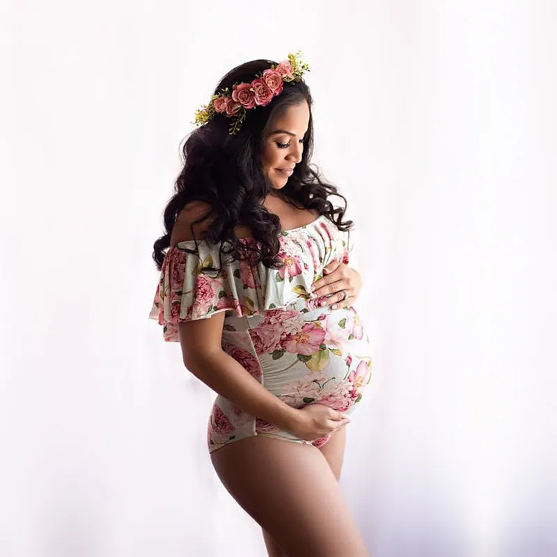 

Sexy Summer Floral Printing Stretchy Maternity Photo Shoot Bodysuits Slash Neck Ruffles Pregnant Women Photography Jumpsuits