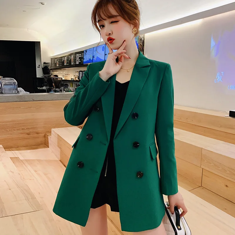 

Women Casual Blazer Jacket New Fashion 2019 Spring Autumn Double Breasted Office Lady Long Blazers Coats Female Suit S011