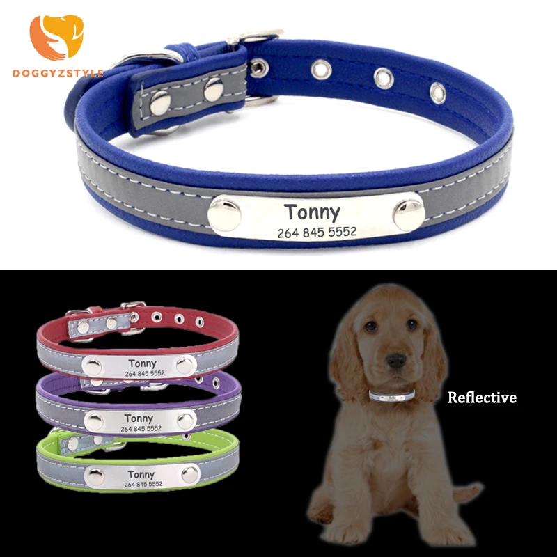 Reflective Leather Personalized Free Engraved Cat Dog Collar Custom