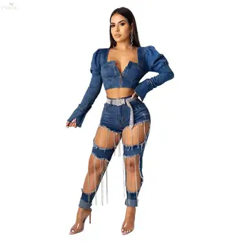 

New Fashion Korean Style Womens Clothing Solid Color Denim Coats Square Collar Full Puff Sleeve Short Coat Sexy Backless Jackets