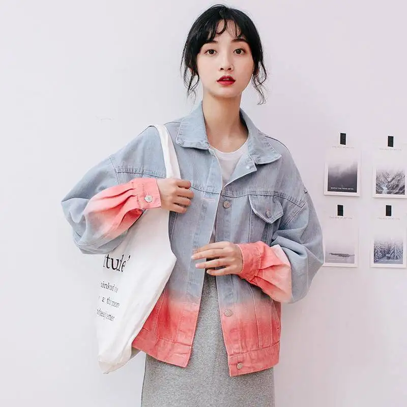 Woherb женская джинсовая куртка Harajuku градиент цвета джинсовая куртка осень зима пальто повседневная винтажная уличная Корейская Modis