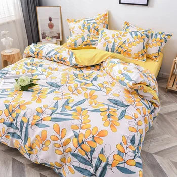 

New Flower Bedding Set 4pcs Flat Sheet +Duvet Cover Peach Daisy Bed Linen Set Pillowcase Pastoral style Bedclothes Green Autumn