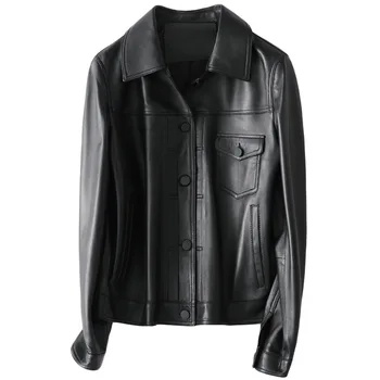 

Autumn Genuine Leather Motorcycle Biker Jacket Women Female 100% Real Sheepskin Button Pocket Short Coat Outerwear