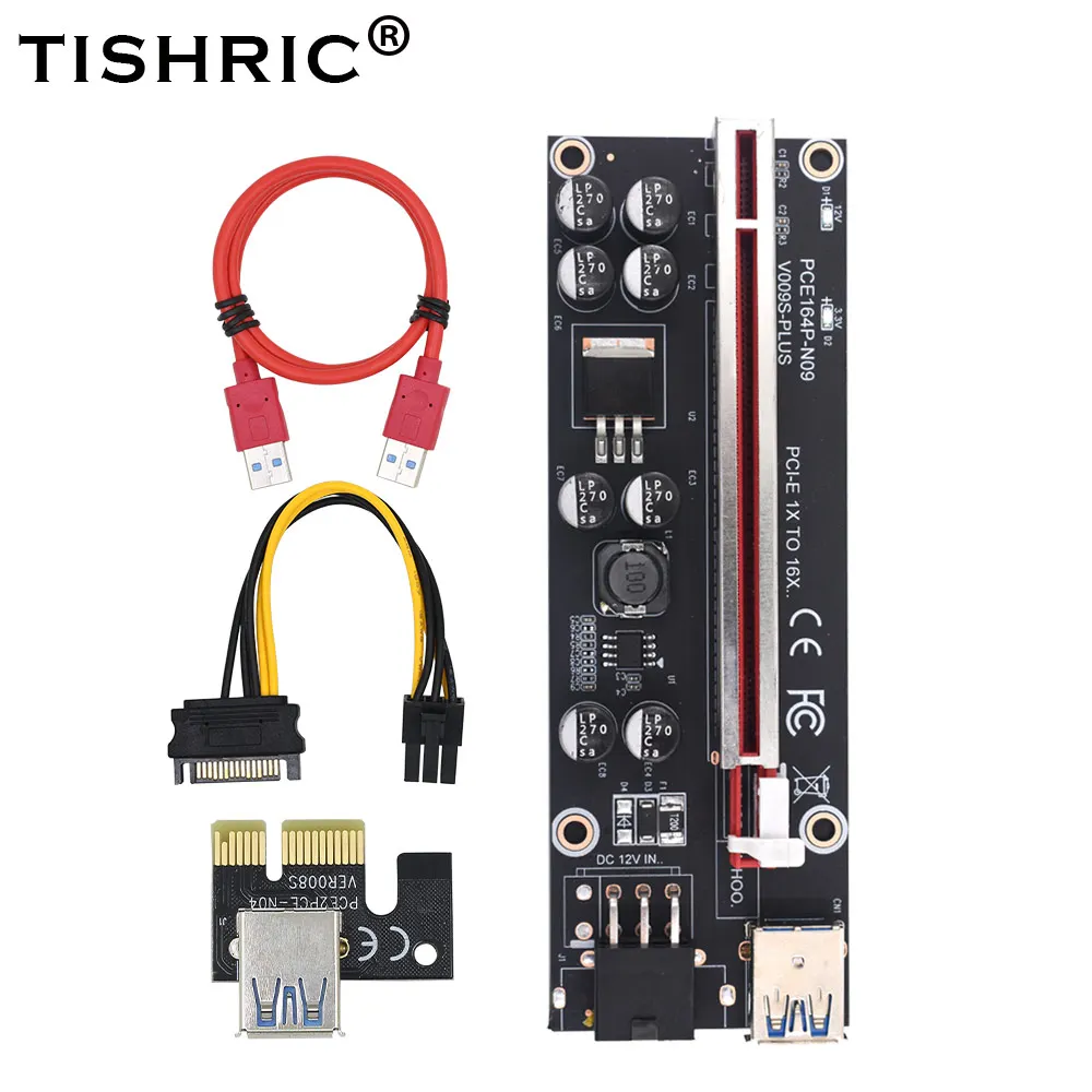 Новая Райзер-карта TISHRIC VER009S Plus PCIE PCI-E PCI Express адаптер SATA 1X к 16X 6Pin USB 3 0 кабель для