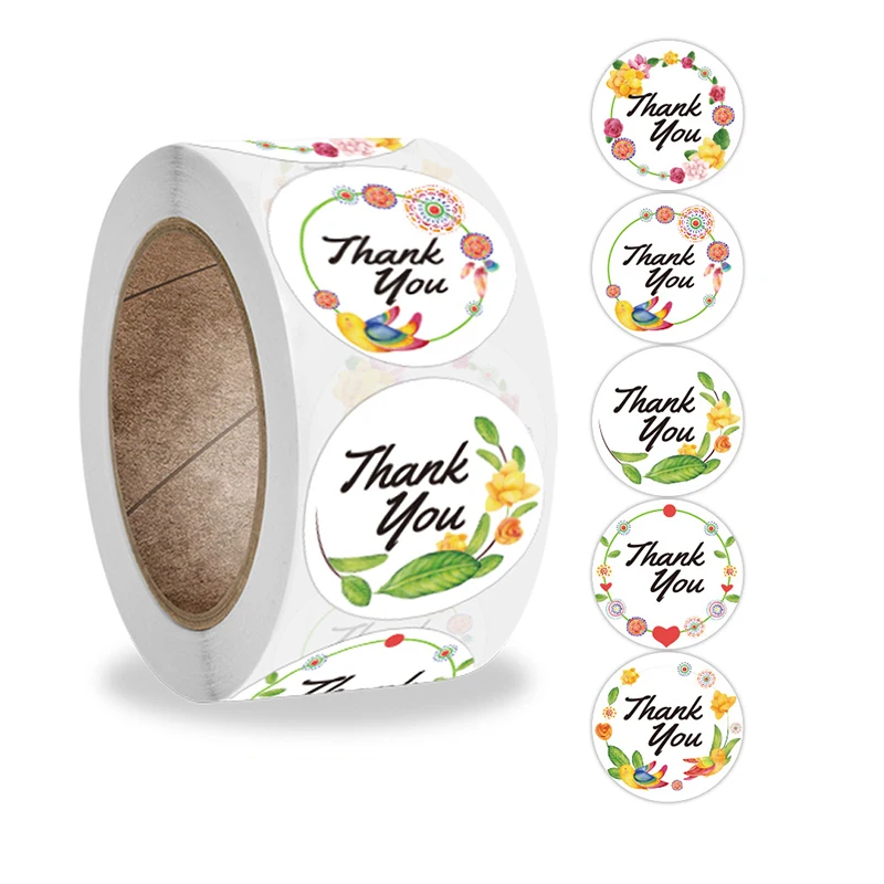 1 Roll(500Pcs) Flowers Thank You Sticker Paper Labels Round Reward scrapbooking Stickers Envelope Seals Stickers Stationery 