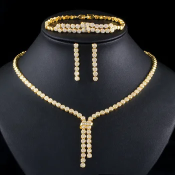 

T0151 Europe and America Bride Necklace Electroplated Gold Micro Zircon Necklace Earrings Bracelets Three-piece Set Wedding Acce