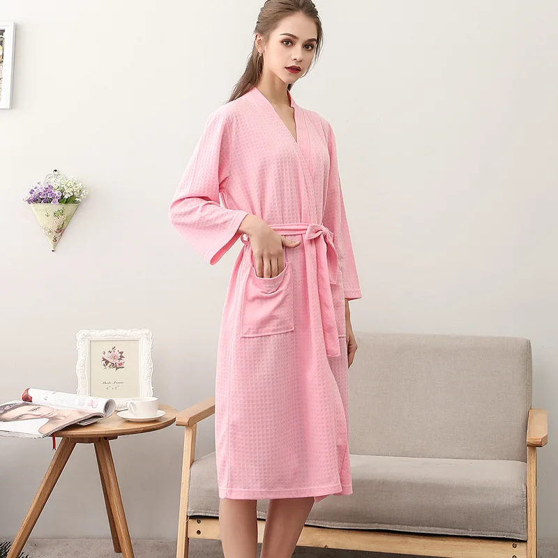 Spring and Summer Couple Nightgown One Piece Solid Color Waffle Cardigan Three-Quarter Sleeve Robe mens silk pajamas Men's Sleep & Lounge