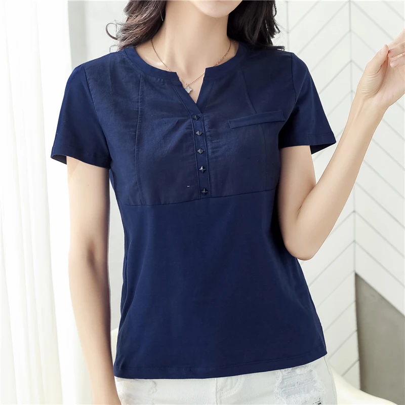 2022 New Women's Blouse Short Sleeve V Neck Slim Lady Tops Shirts Pink Grenn White Cotton Female Blouses Shits Plus Size | Женская