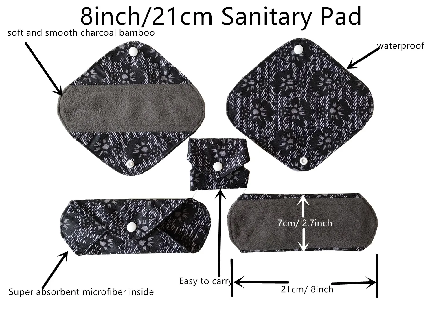 Sanitary Pads JUTESK's 20.5cm / 8 Inch Charcoal Bamboo Mama Cloth/ Menstrual Pads/Sanitary Pad/Panty Liner
