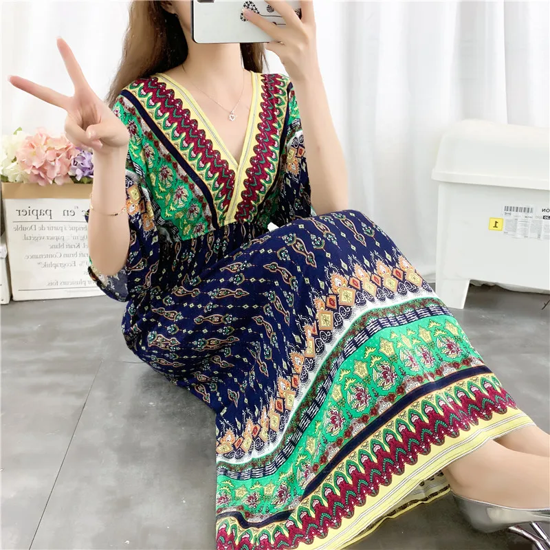 

S-4XL Bohemia V-neck Chiffon Print Ethnic Style Beach Ankle-Length Dress 2020 Spring Empire 5 Points Sleeve Holiday Dress