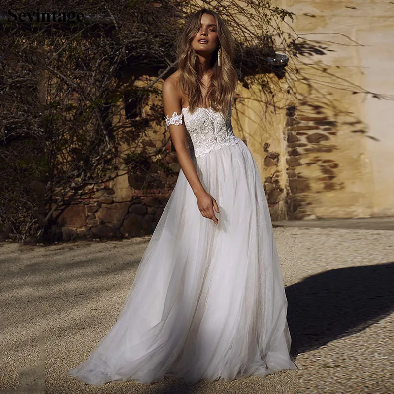 

Sevintage A Line Off Shoulder Bridal Dresses Boho Sweetheart Lace Wedding Gowns Backless Plus Size Bride Dress Custom Made 2020