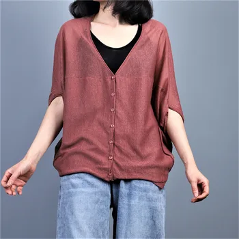 

cotton linen solid women cardigan 2020 summer new v-neck batwing sleeved loose lady elegant outwear coat tops