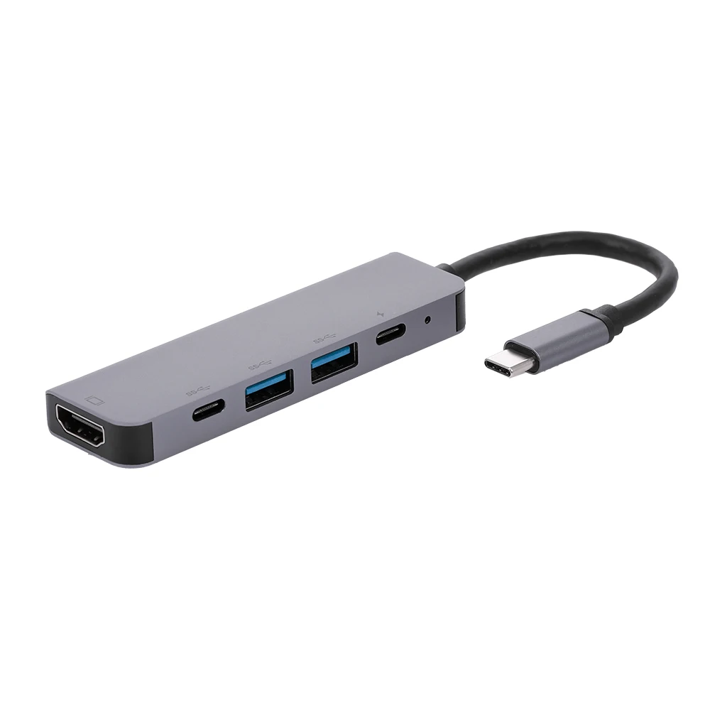 5-портовый 5 в 1 type-C для PD USB* 2 HDTV type C адаптер Многофункциональный преобразователь 4K для Macbook HDTV проектор ПК ноутбук - Цвет: Серый