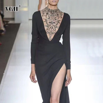 

VGH Elegant Patchwork Sequin Beading Dress For Women Turtleneck Long Sleeve High Waist side split Dresses Female 2020 Autumn New