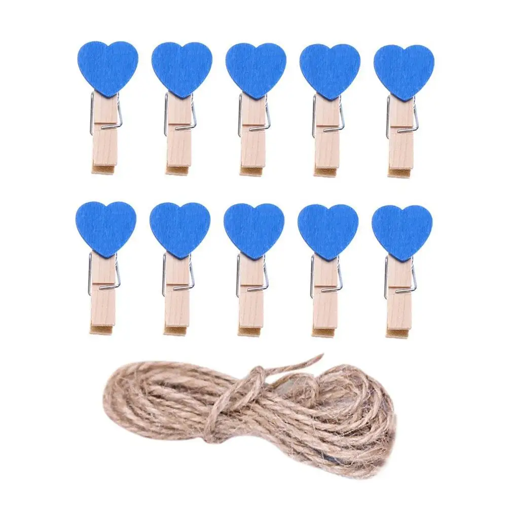 Blue clip and rope 10 шт цветные мини-любящее сердце деревянное канцелярские принадлежности ремесло памятки зажимы DIY Одежда бумага фото Peg украшения с 2 м пеньковая веревка - Color: Blue clip and rope