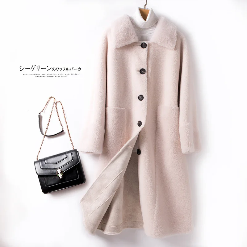 Осеннее и зимнее новое шерстяное пальто женское модное меховое свободное женское длинное пальто с одним отворотом - Цвет: Creamy-white