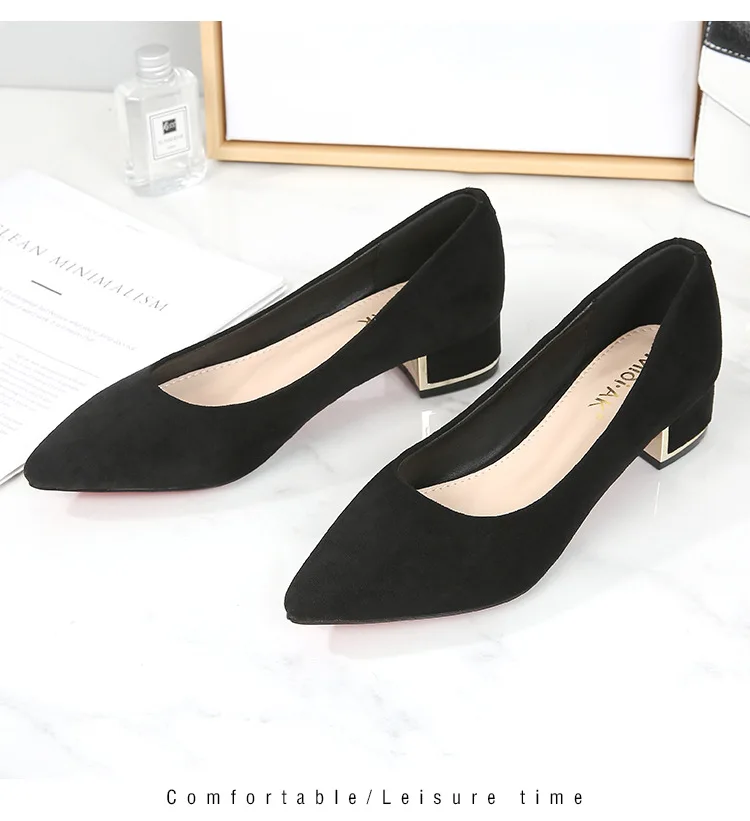 Big Size 34-43 Women Suede Leather Shoes 3.5CM High Heels Ladies Dress Work Shoes Slip On Pumps Woman Square Heels Wedding Shoes