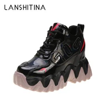 

Chunky Sneakers Women 2020 Spring Thick Sole Platform Vulcanize Shoes Woman Lace Up Casual Footwear 10CM Leather Shoe High Heels