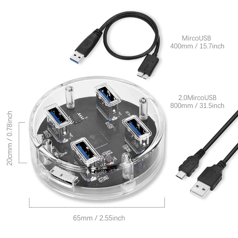 4 порта USB3.0 прозрачный Настольный концентратор с резиновой противоскользящей
