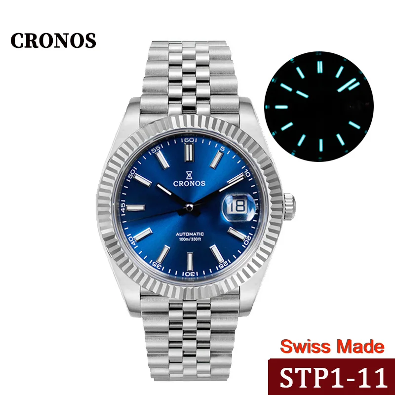 

Cronos Date Luxury Men Dress Watch Stainless Steel 5 Links Bracelet Copper-Nickel Platinum PVD Bezel 100m Water Resistant