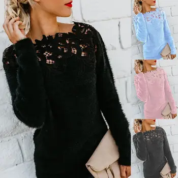 

Plus Size Sexy Women Floral Lace Long Sleeve Sweater Solid Color Jumper Top Faux Cashmere Polyester Spandex Warm Casual Sweater