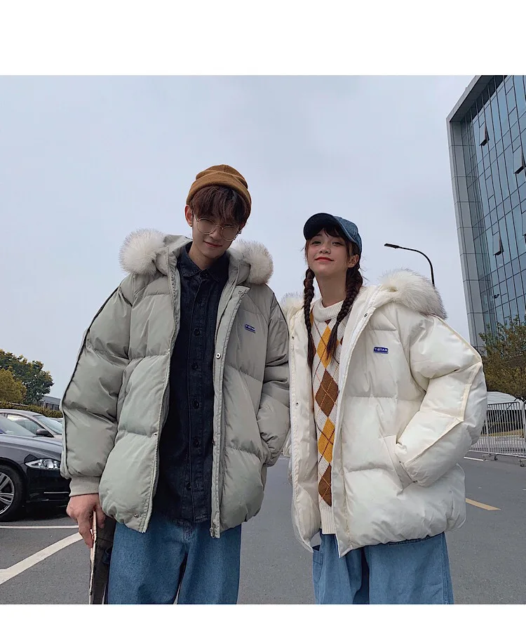 Couple Clothes Winter New Style Cotton-padded Clothes Winter down Coat Hooded Large Fur Collar Coat Men's INS Super Fire Trend C