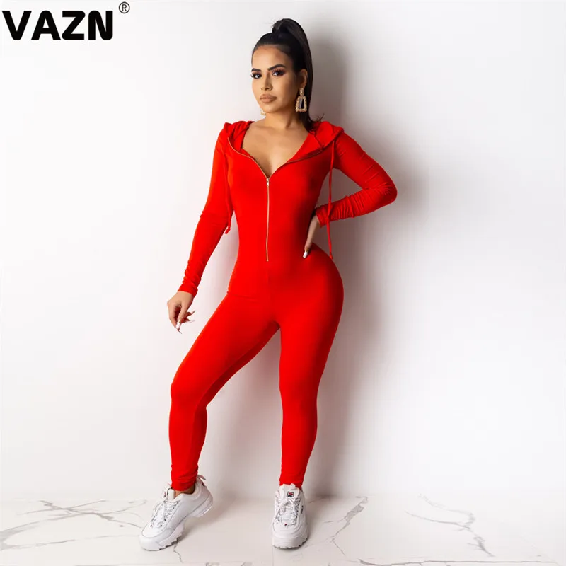 VAZN, Spencil, одноцветные, новинка, хит, модные, для улицы, комбинезоны, повседневные, бодикон, молния, шея, капюшон, сексуальные, длинные штаны, тонкий, длинный комбинезон - Цвет: Red