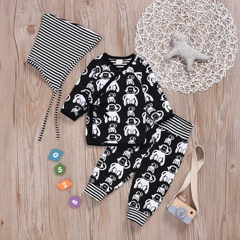

Newborn Toddler Kids Baby Boy Clothes T shirt Hoodies Long Pants Long Sleeve Hat 3pcs Striped Outfits Home Baby Clothes Set