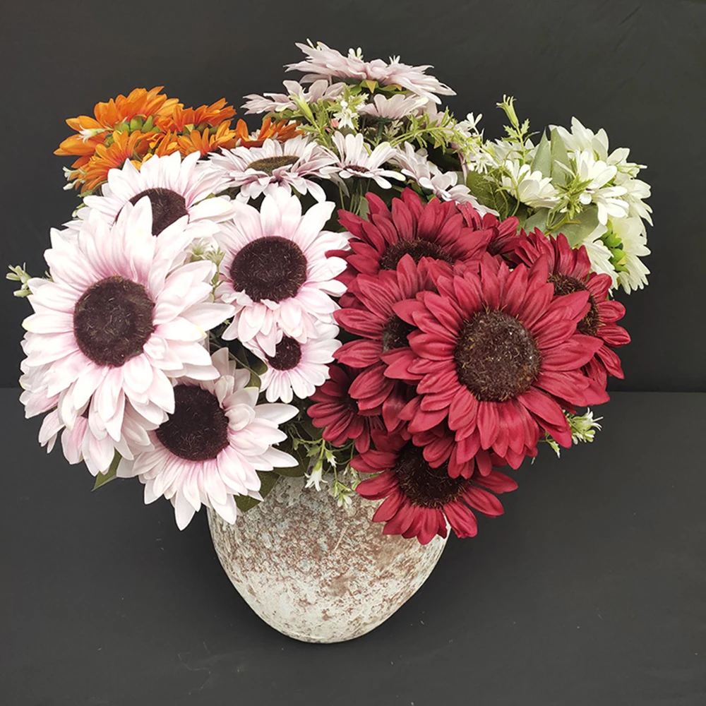 10 Pieces / Lot PU Artificial Flowers Sunflower Bunch Fake Flower Bouquet Table Home Wedding Decoration Fall Decor
