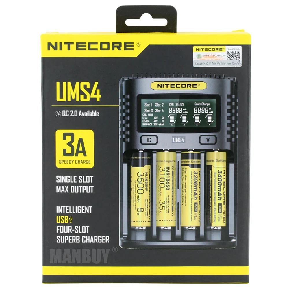 NITECORE UMS4 интеллектуальное USB четырехслотовое превосходное зарядное устройство Автоматическое универсальное 3а быстрое зарядное устройство Li-Ion Ni-Cd Ni-MH IMR 18650 AA