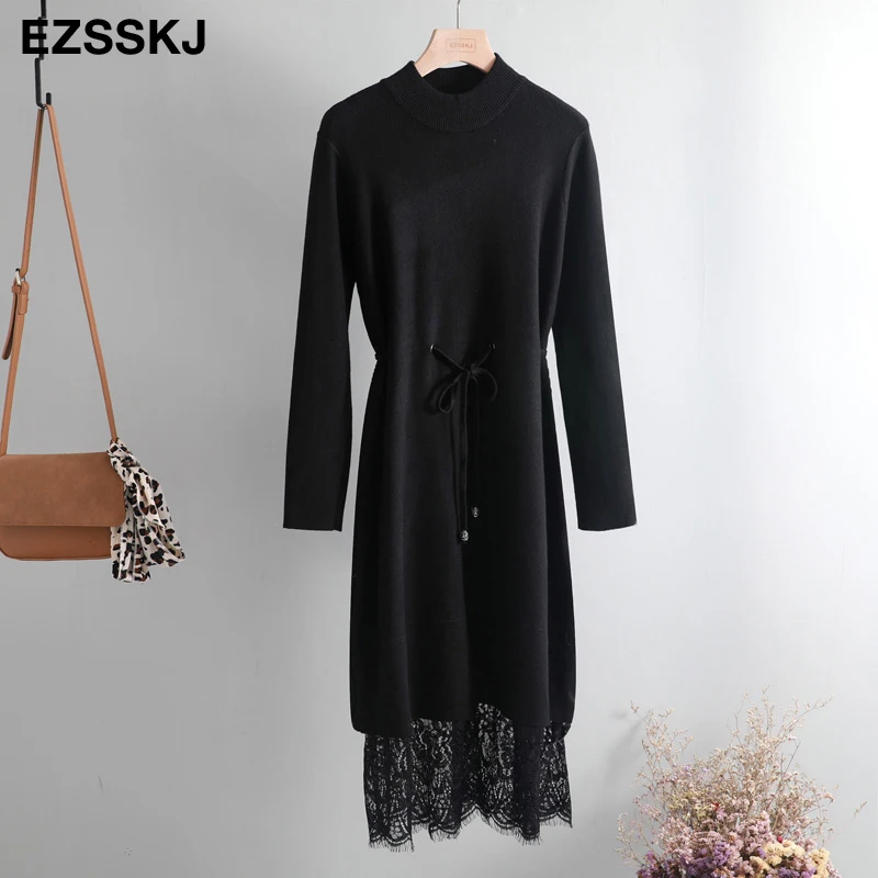 elegant O-neck loose long Thick Sweater dress women Autumn Winter lace Drawstring dress Femme Lace Up loose robe Knitted dress