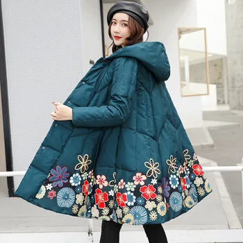 

2020 Plus Size Print Long Coats Skirt Warm Overcoat Hooded Parka Elegant Winter Coat Female Cotton Padded Jacket Women Clothes