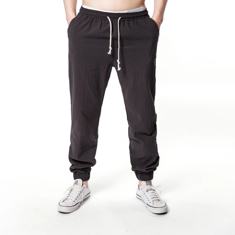 

Summer New Style Men England Flax And Cotton Pants Men Casual Loose-Fit Solid Color Drawstring Elastic Waist Trousers Men's