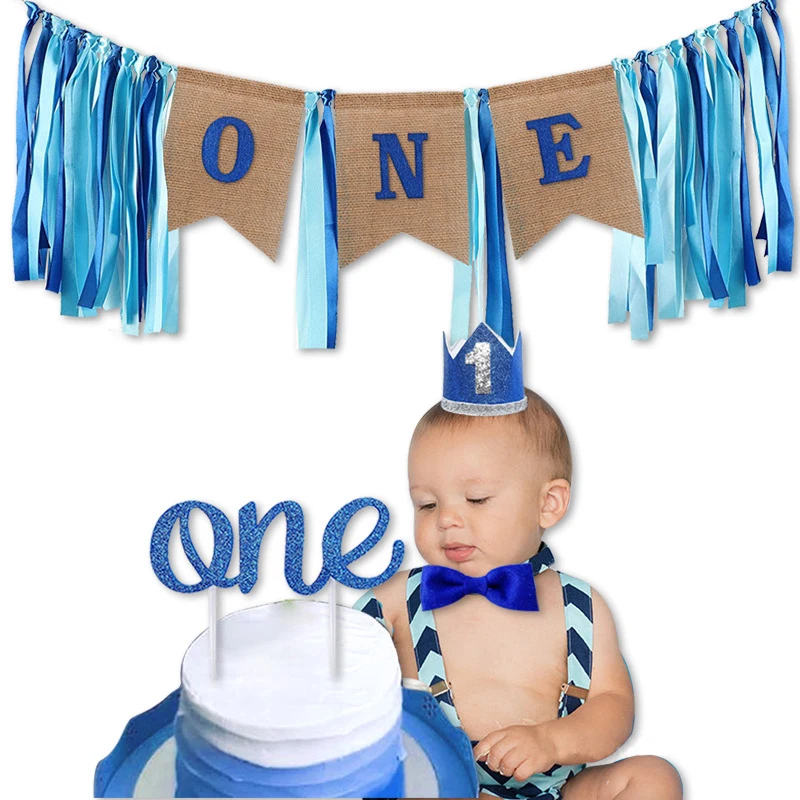 Cake Smash Party Supplies Baby 1st Birthday Boy Decorations WITH Crown No.1 Crown Happy Birthday ONE Burlap Banner Baby Boy First Birthday Decorations High Chair Banner 