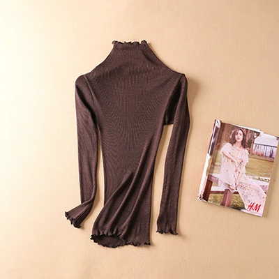 Sweater Women pullovers 80% Natural Silk 20% Cotton turtleneck Rib knits shirt long sleeved sweater Fall winter tops jumper - Цвет: coffee