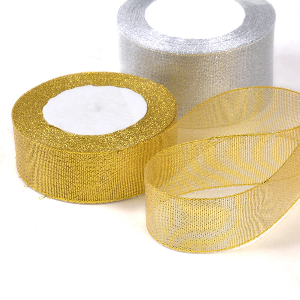 Gold and Silver Ribbon 25 Yard/22M Metallic Luster Wedding Christmas Decoration DIY Wedding Card Gift Wrapping