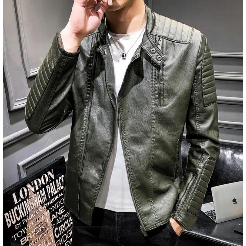 Army green Мужская куртка из искусственной кожи, приталенное повседневное пальто, модная верхняя одежда, велосипедные худи, мужская одежда - Цвет: Army green