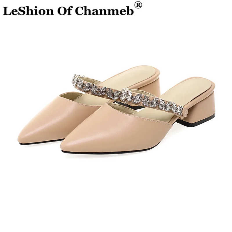 

Small Size 31 Mules for Women Closed Toe Slippers Spring Summer Ladies Largest Size 47 Crystal Embellish Block Heels Sandals New