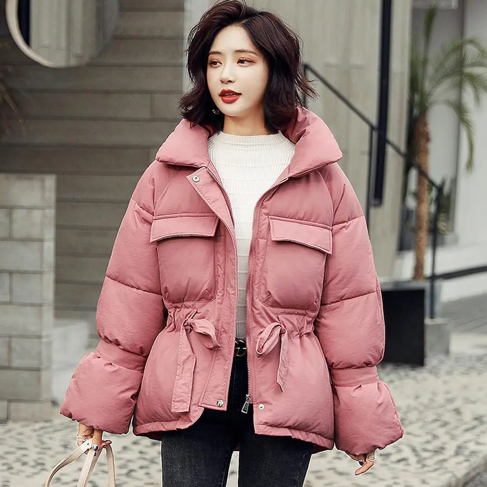 PinkyIsBlack/женские зимние куртки, парки, модные плотные теплые Блузы с рукавами «фонарик», куртки, однотонное милое зимнее пальто для женщин - Цвет: Кораллово-Красный