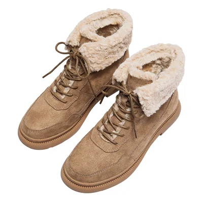 Snow boots new winter Korean version for women's boots frosted with velveteen lace-up flat Martin boots - Цвет: Коричневый