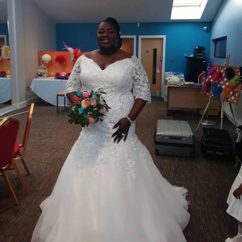 Vestidos De Novia кружева размера плюс Русалка Свадебные платья Половина рукава цвета слоновой кости реальные изображения аппликация на свадебные платья для полных невест