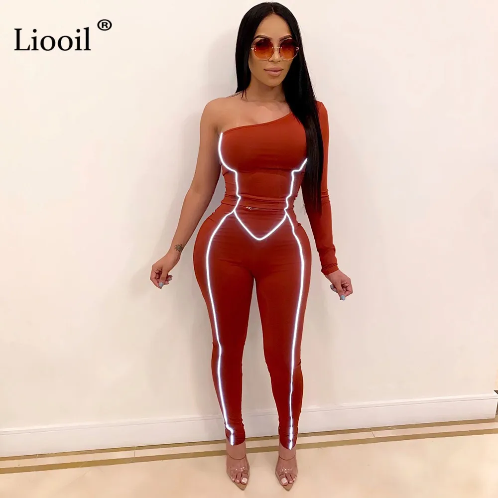 Бургундия Liooil на одно плечо Светоотражающие полосатые сексуальные комбинезоны для женщин с длинным рукавом Вечерние Клубные комбинезоны, обтягивающие боди черные комбинезоны - Цвет: Бургундия