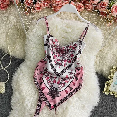 ALPHALMODA Retro Style Halter Scarf Backless Printed Crop Top Women 2021 Summer Trendy Sling Vest Retro Printing Sling Camis half bra Tanks & Camis