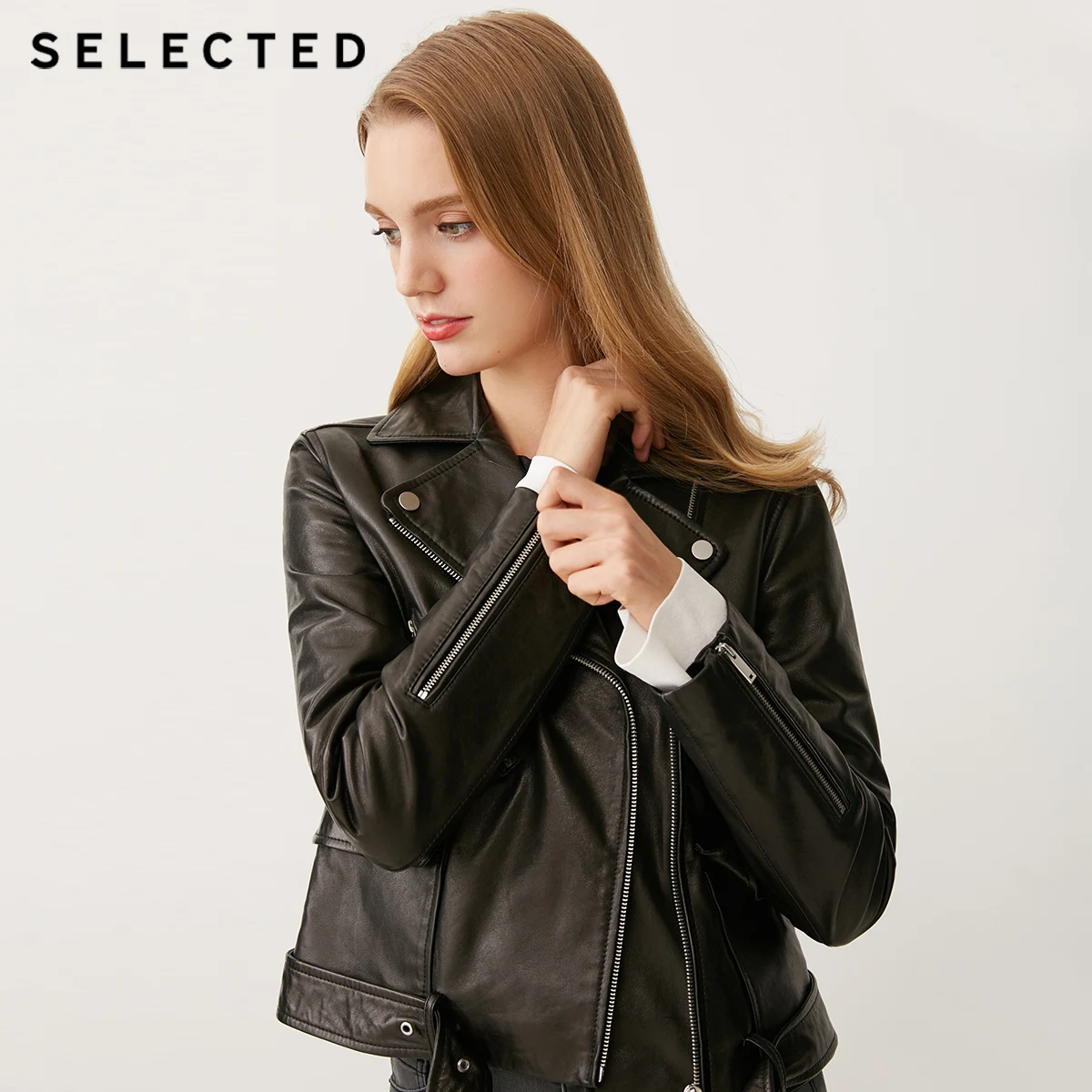 SELECTED Women's Autumn & Winter Sheepskin Lapel Zip-through Leather Jacket S|418428502