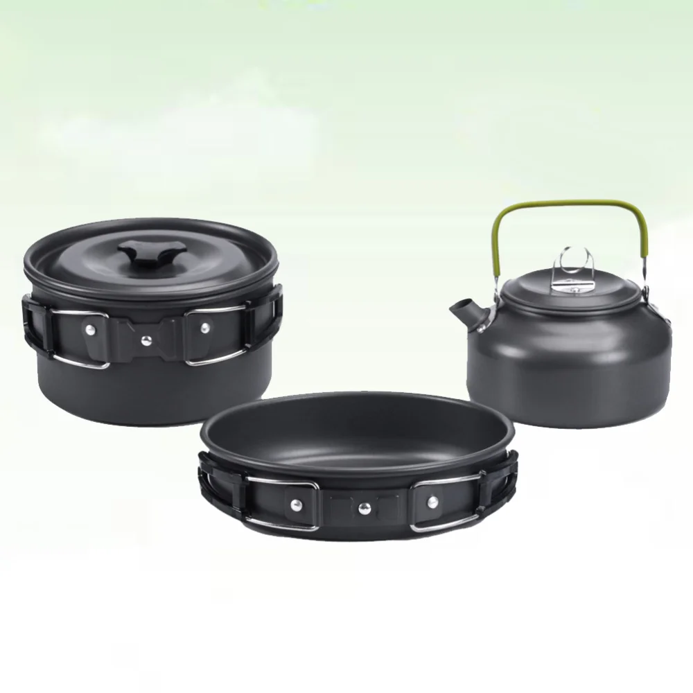 

3pcs One Set Portable Outdoor Camping Cooking Pot Practical Cookers Kettle Set for Outdoor Party Gathering (Black)