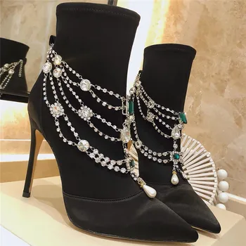 

Jewelry Boots Women Pointed Toe Shoes Woman Thin Heel Zapatos De Mujer Sock ботинки женские Ankle обувь женская Leather Boots