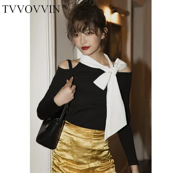 

Korea Off The Shoulder Tops For Women T Shirt Black Long Sleeve Top Ladies Halter Designer Bow Tee Shirt Clothing Z002